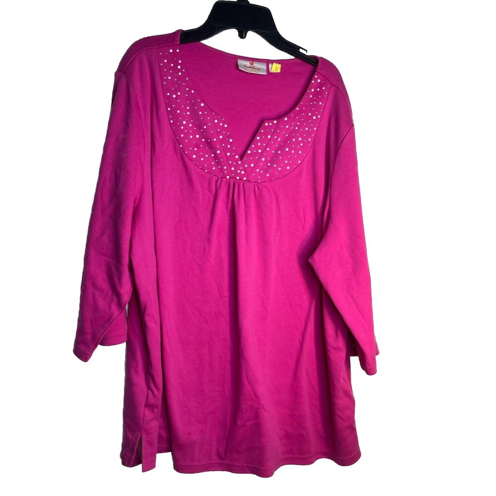Quacker Factory 2x Plus Pink Rhinestone Bling Top 3/4 Sleeve Blouse